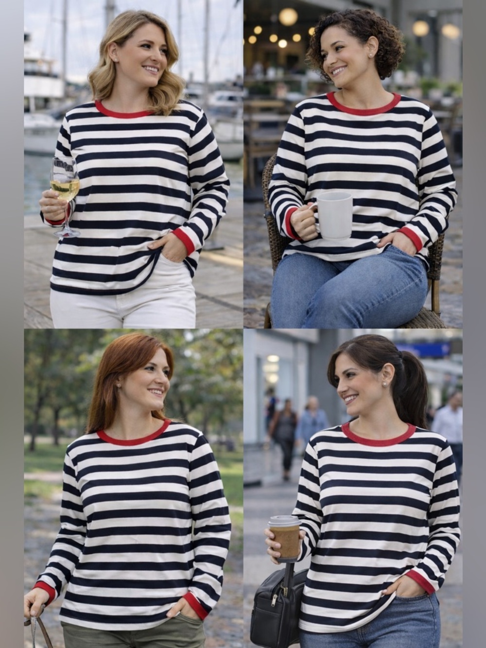 Striped Black and White Top with Red Accents